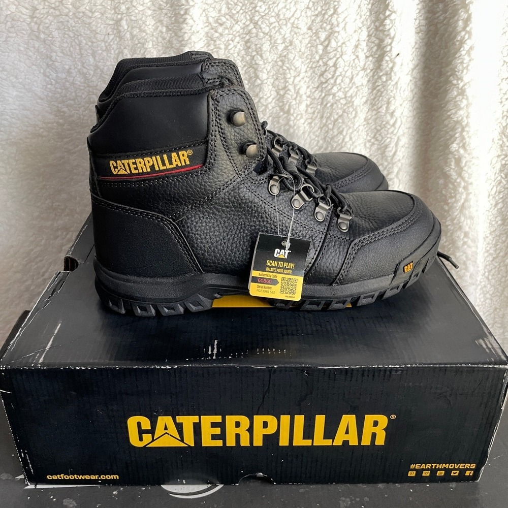 Caterpillar Leather Mens 10.5 Outline ST Steel Toe Work Boots Black P722601
